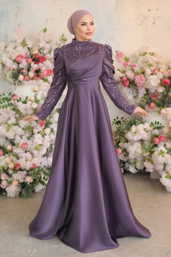 D.M.N. - Drape Detaylı Saten Abiye 4372D170 Koyu Lila