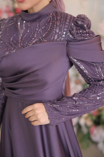 moda selvim Drape Detaylı Saten Abiye 4372D170 Koyu Lila - Thumbnail