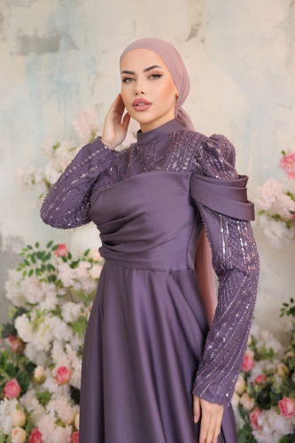 moda selvim Drape Detaylı Saten Abiye 4372D170 Koyu Lila - Thumbnail