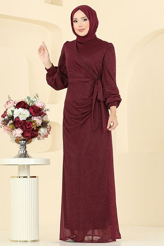 moda selvim Drape Detaylı Simli Abiye 2829ELCK1161 Bordo - Thumbnail