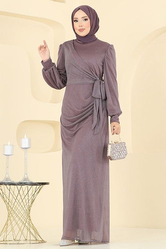 moda selvim Drape Detaylı Simli Abiye 2829ELCK1161 Koyu Lila - Thumbnail