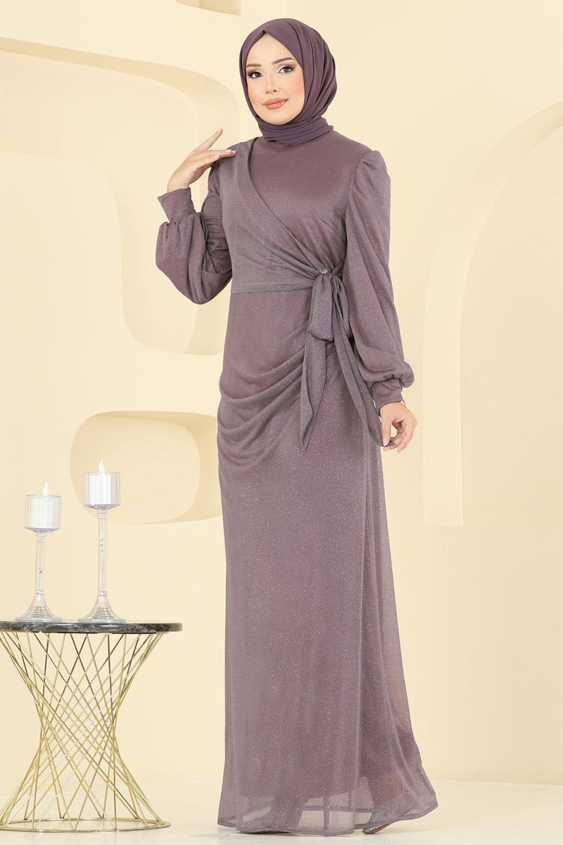 Drape Detaylı Simli  Abiye 2829ELCK1161 Koyu Lila