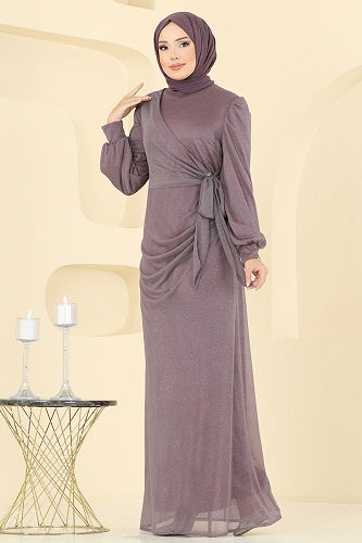 moda selvim Drape Detaylı Simli Abiye 2829ELCK1161 Koyu Lila - Thumbnail