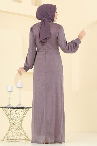 moda selvim Drape Detaylı Simli Abiye 2829ELCK1161 Koyu Lila - Thumbnail