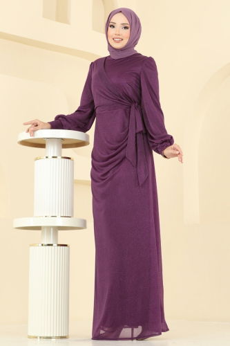 E.L.C.K. - Drape Detaylı Simli Abiye 2829ELCK1161 Mürdüm