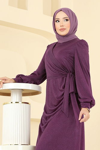 moda selvim Drape Detaylı Simli Abiye 2829ELCK1161 Mürdüm - Thumbnail