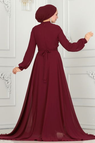 moda selvim Drape Detaylı Taşlı Abiye 5940AB368 Bordo - Thumbnail