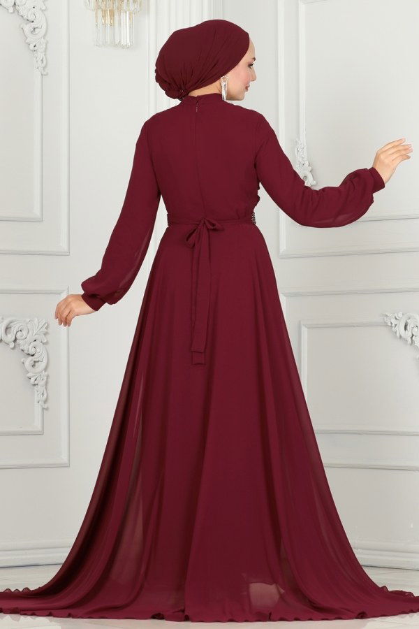 Drape Detaylı Taşlı Abiye 5940AB368 Bordo - 6