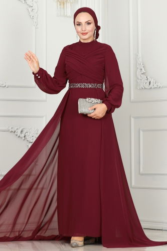 moda selvim Drape Detaylı Taşlı Abiye 5940AB368 Bordo - Thumbnail