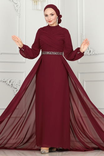 moda selvim Drape Detaylı Taşlı Abiye 5940AB368 Bordo - Thumbnail