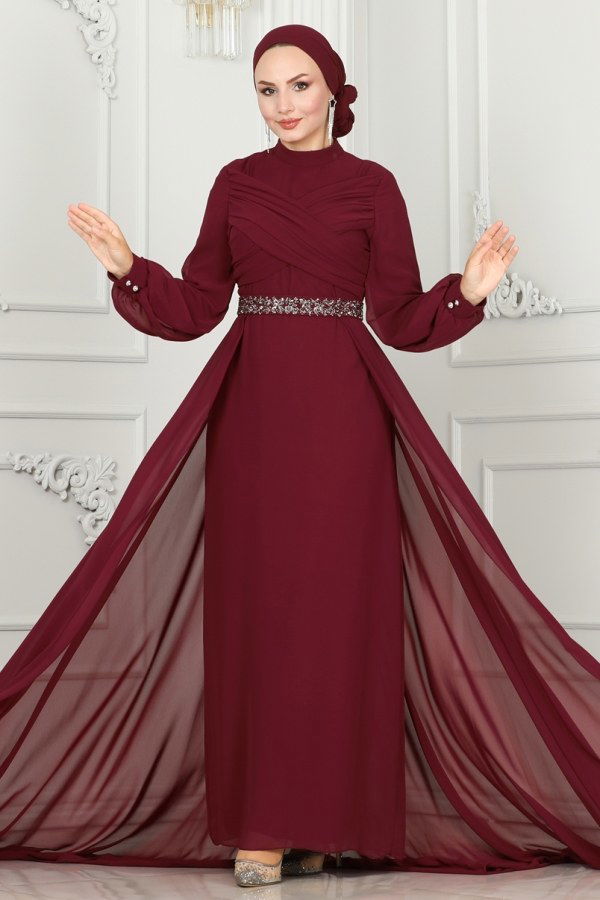 Drape Detaylı Taşlı Abiye 5940AB368 Bordo - 2