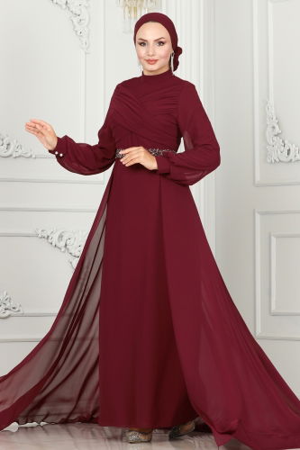 moda selvim Drape Detaylı Taşlı Abiye 5940AB368 Bordo - Thumbnail