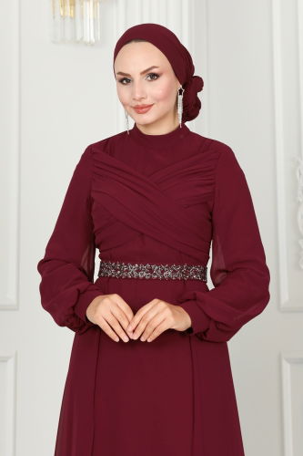 moda selvim Drape Detaylı Taşlı Abiye 5940AB368 Bordo - Thumbnail