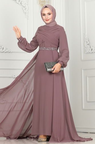 moda selvim Drape Detaylı Taşlı Abiye 5940AB368 Koyu Lila - Thumbnail