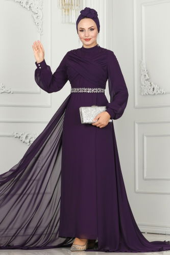 A.B. - Drape Detaylı Taşlı Abiye 5940AB368 Mor