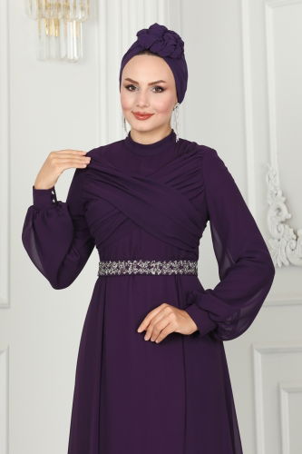 moda selvim Drape Detaylı Taşlı Abiye 5940AB368 Mor - Thumbnail