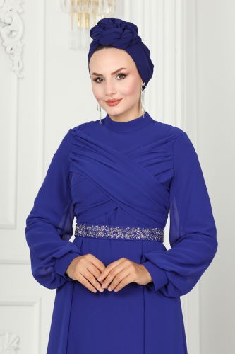 moda selvim Drape Detaylı Taşlı Abiye 5940AB368 Saks - Thumbnail