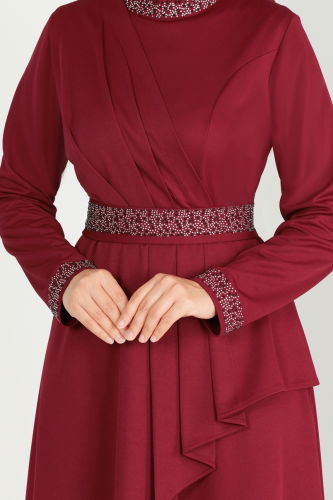 moda selvim Drape Detaylı Tesettür Abiye 264DVL817 Bordo - Thumbnail