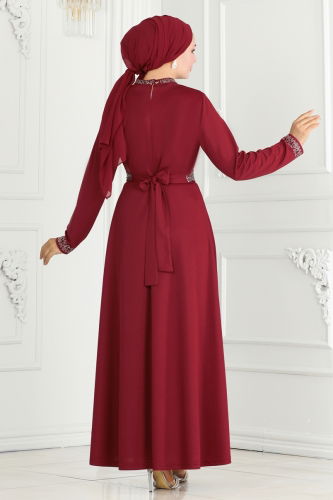 moda selvim Drape Detaylı Tesettür Abiye 264DVL817 Bordo - Thumbnail