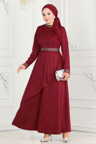 moda selvim Drape Detaylı Tesettür Abiye 264DVL817 Bordo - Thumbnail