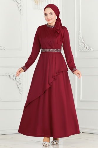 moda selvim Drape Detaylı Tesettür Abiye 264DVL817 Bordo - Thumbnail