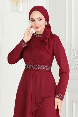 moda selvim Drape Detaylı Tesettür Abiye 264DVL817 Bordo - Thumbnail