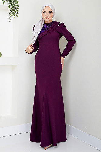 moda selvim Drape Detaylı Tesettür Abiye ASM2708-M Mürdüm - Thumbnail