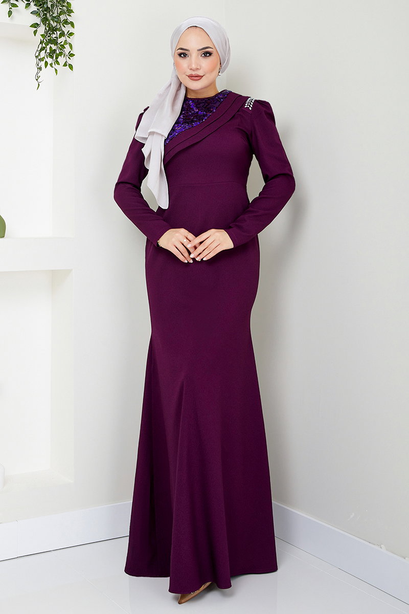 Drape Detaylı Tesettür Abiye ASM2708-M Mürdüm