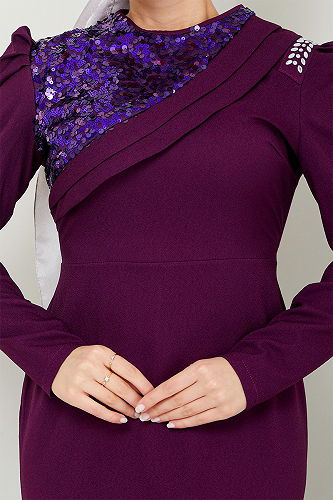 moda selvim Drape Detaylı Tesettür Abiye ASM2708-M Mürdüm - Thumbnail