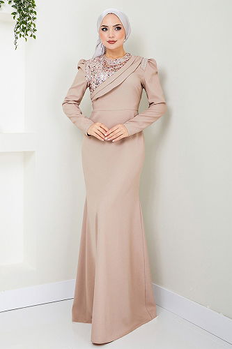 moda selvim Drape Detaylı Tesettür Abiye ASM2708-M Vizyon - Thumbnail