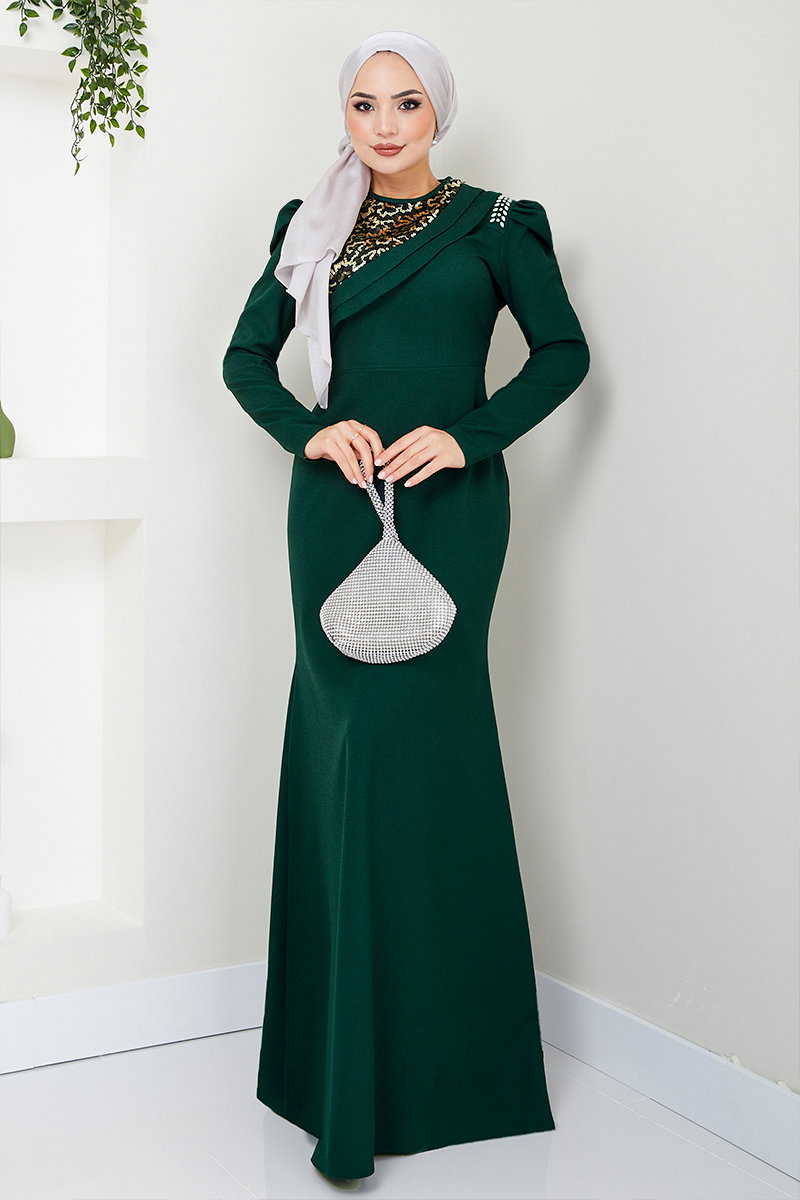 Drape Detaylı Tesettür Abiye ASM2708-M Zümrüt