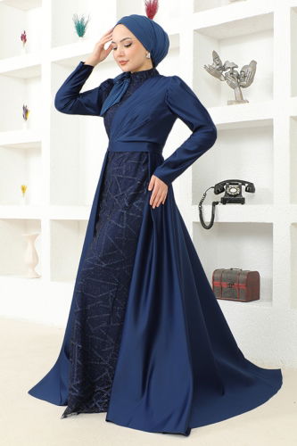 moda selvim Drape Detaylı Tesettür Abiye MSL6429 Laci - Thumbnail