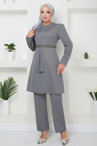 S.L. - Drape Detaylı Tesettür Takım 2528SL432 Gri