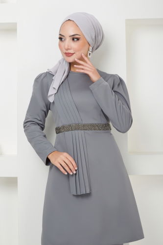 moda selvim Drape Detaylı Tesettür Takım 2528SL432 Gri - Thumbnail