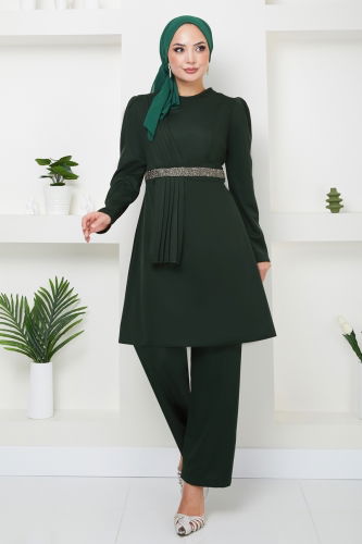 moda selvim Drape Detaylı Tesettür Takım 2528SL432 Zümrüt - Thumbnail