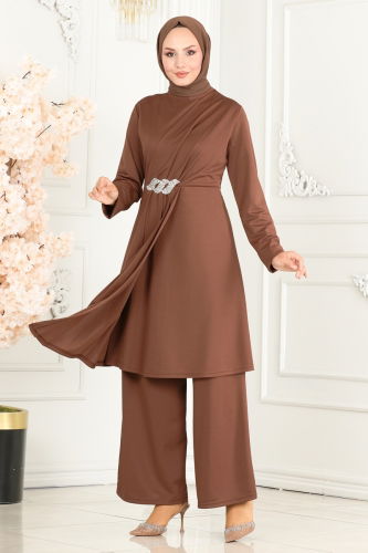 moda selvim Drape Stone Detailed Double Set 265DVL817 Brown - Thumbnail