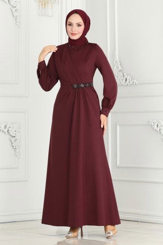 S.L. - Drape Taş Detay Abiye Elbise 2527SL432 Bordo