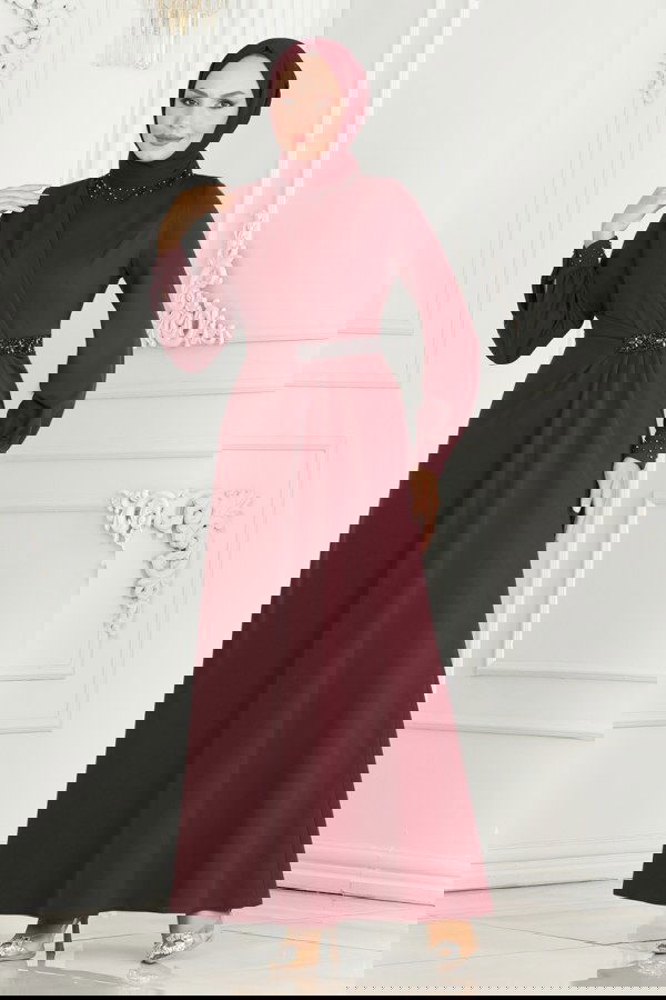 Modaselvim KURBAN BAYRAMI İNDİRİMİ Drape Taş Detay Abiye Elbise 2527SL432 Bordo