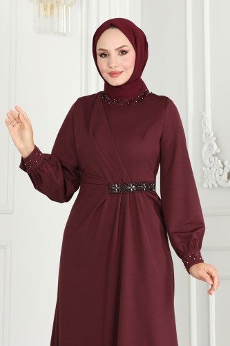 moda selvim Drape Taş Detay Abiye Elbise 2527SL432 Bordo - Thumbnail