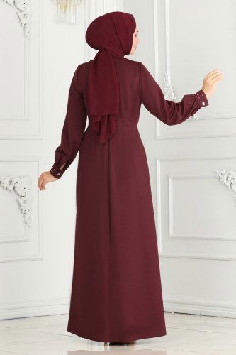 moda selvim Drape Taş Detay Abiye Elbise 2527SL432 Bordo - Thumbnail