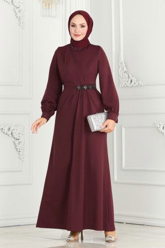 moda selvim Drape Taş Detay Abiye Elbise 2527SL432 Bordo - Thumbnail