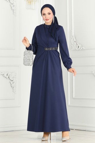 moda selvim Drape Taş Detay Abiye Elbise 2527SL432 Laci - Thumbnail