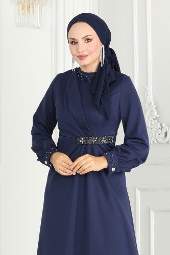 moda selvim Drape Taş Detay Abiye Elbise 2527SL432 Laci - Thumbnail