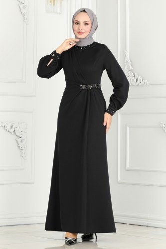 moda selvim Drape Taş Detay Abiye Elbise 2527SL432 Siyah - Thumbnail