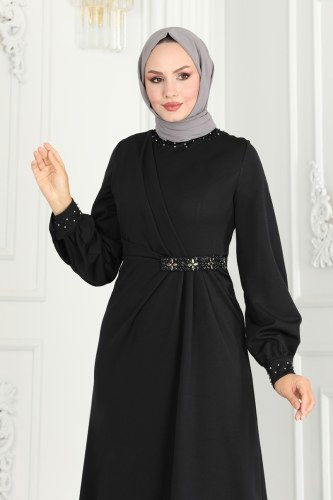 moda selvim Drape Taş Detay Abiye Elbise 2527SL432 Siyah - Thumbnail