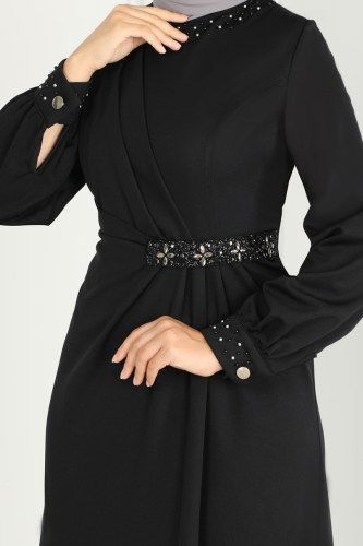 moda selvim Drape Taş Detay Abiye Elbise 2527SL432 Siyah - Thumbnail