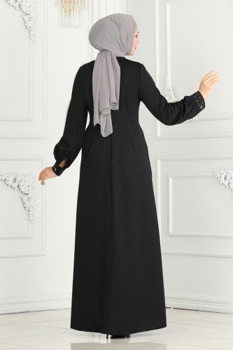 moda selvim Drape Taş Detay Abiye Elbise 2527SL432 Siyah - Thumbnail