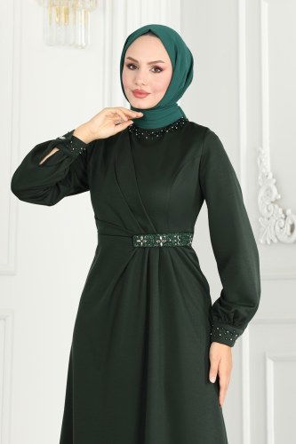 moda selvim Drape Taş Detay Abiye Elbise 2527SL432 Zümrüt - Thumbnail