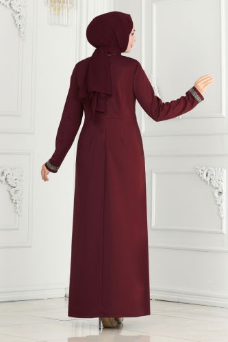 moda selvim Drape Taş Detaylı Abiye 2529SL432 Bordo - Thumbnail