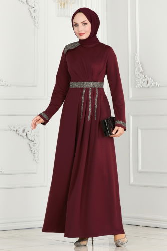 moda selvim Drape Taş Detaylı Abiye 2529SL432 Bordo - Thumbnail